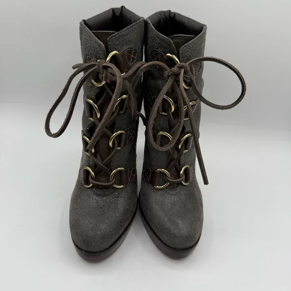 Tory Burch Lawson Bootie Pewter Brown Leather Platform Stiletto Ankle Boots 8.5 - Picture 5 of 17